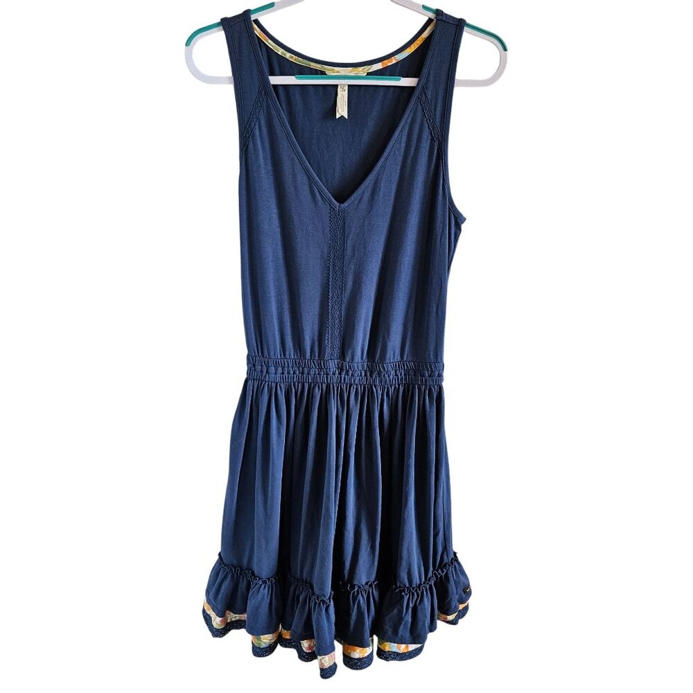 Matilda Jane Woman Swing Time Dress SZ M Blue With Floral Ruffle Trim Fit&Flare